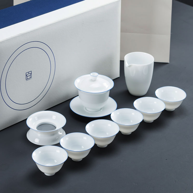 羊脂玉瓷功夫茶具套裝整套德化白瓷描藍邊茶壺蓋碗家用茶杯陶瓷禮