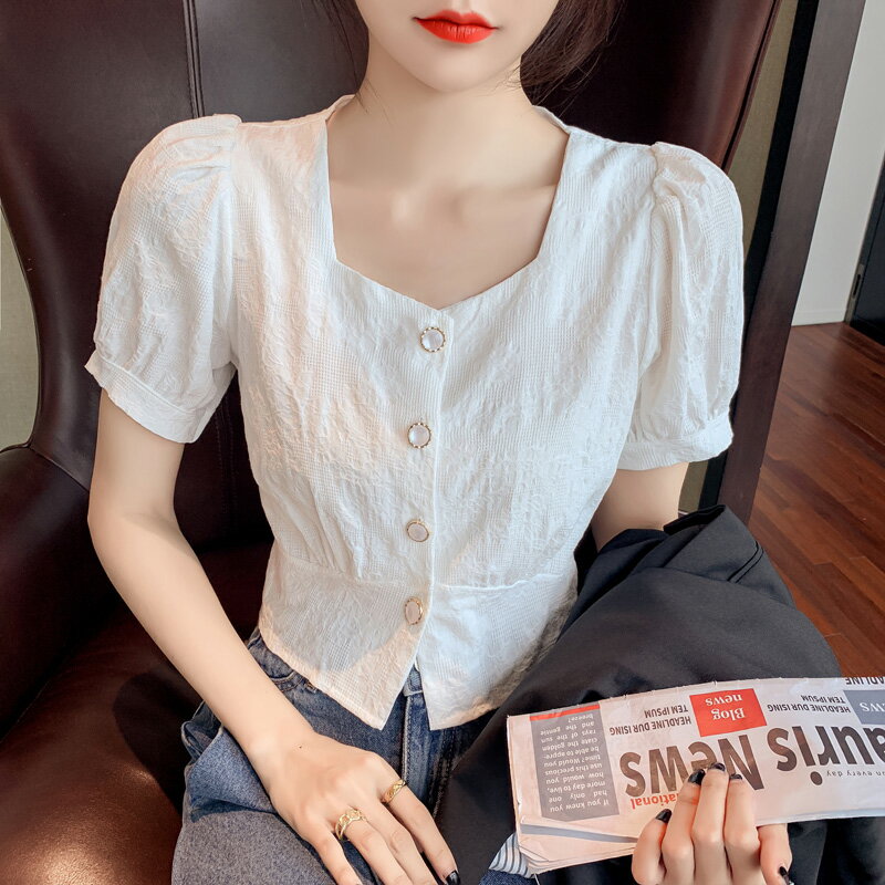 白色襯衫女夏年新款泡泡袖修身顯瘦襯衣氣質百搭短款雪紡上衣