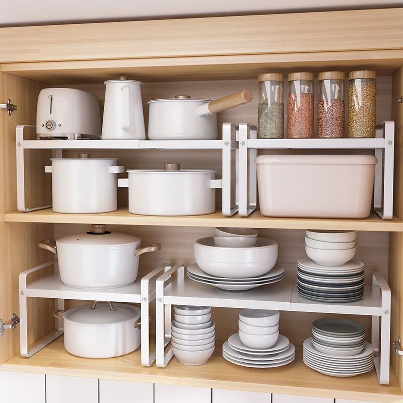 APP下單享點數9% 可伸縮廚房置物架櫥柜內隔板柜子分層架調料收納架鍋架桌面小架子