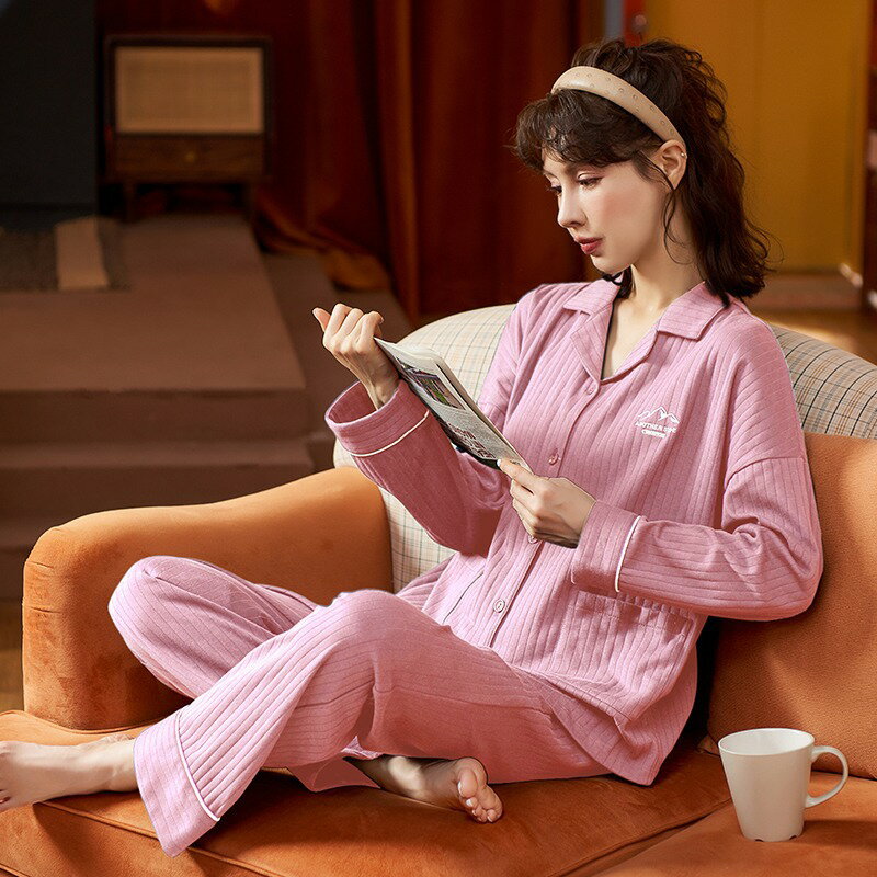睡衣女士春秋薄款棉質甜美可愛開衫可外穿長袖長褲純色家居服套裝
