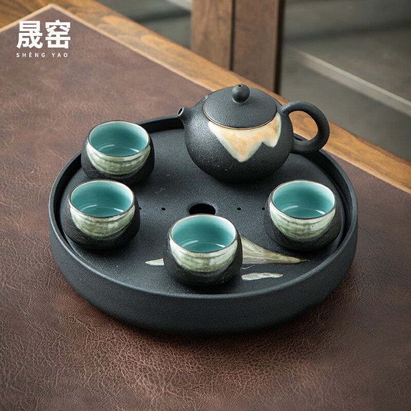 晟窯陶瓷茶盤圓形家用簡易干泡盤茶具小套裝功夫儲水式茶臺托盤