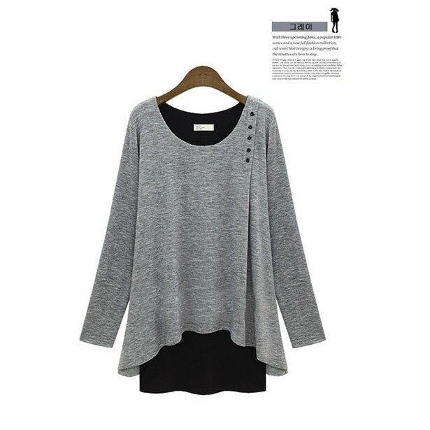 中大尺碼女裝 長版T恤 棉質假二件上衣連身裙 大碼上衣 休閒女上衣 加大尺碼 櫻桃嚴選 胖ＭＭ 1