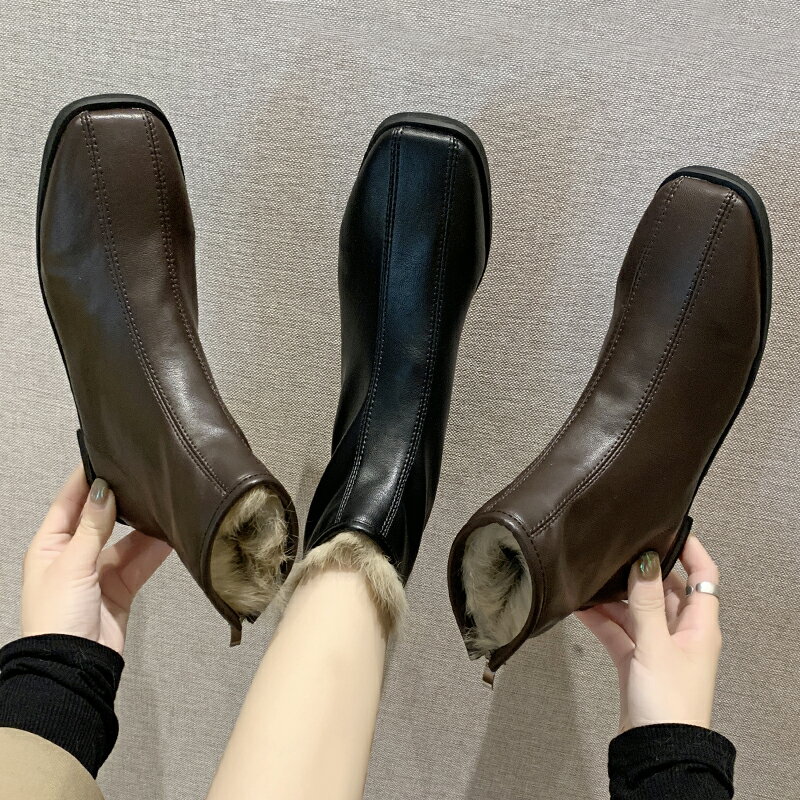新款短靴女2021秋冬歐美加絨切爾西百搭休閑平跟方頭馬丁瘦瘦靴鞋