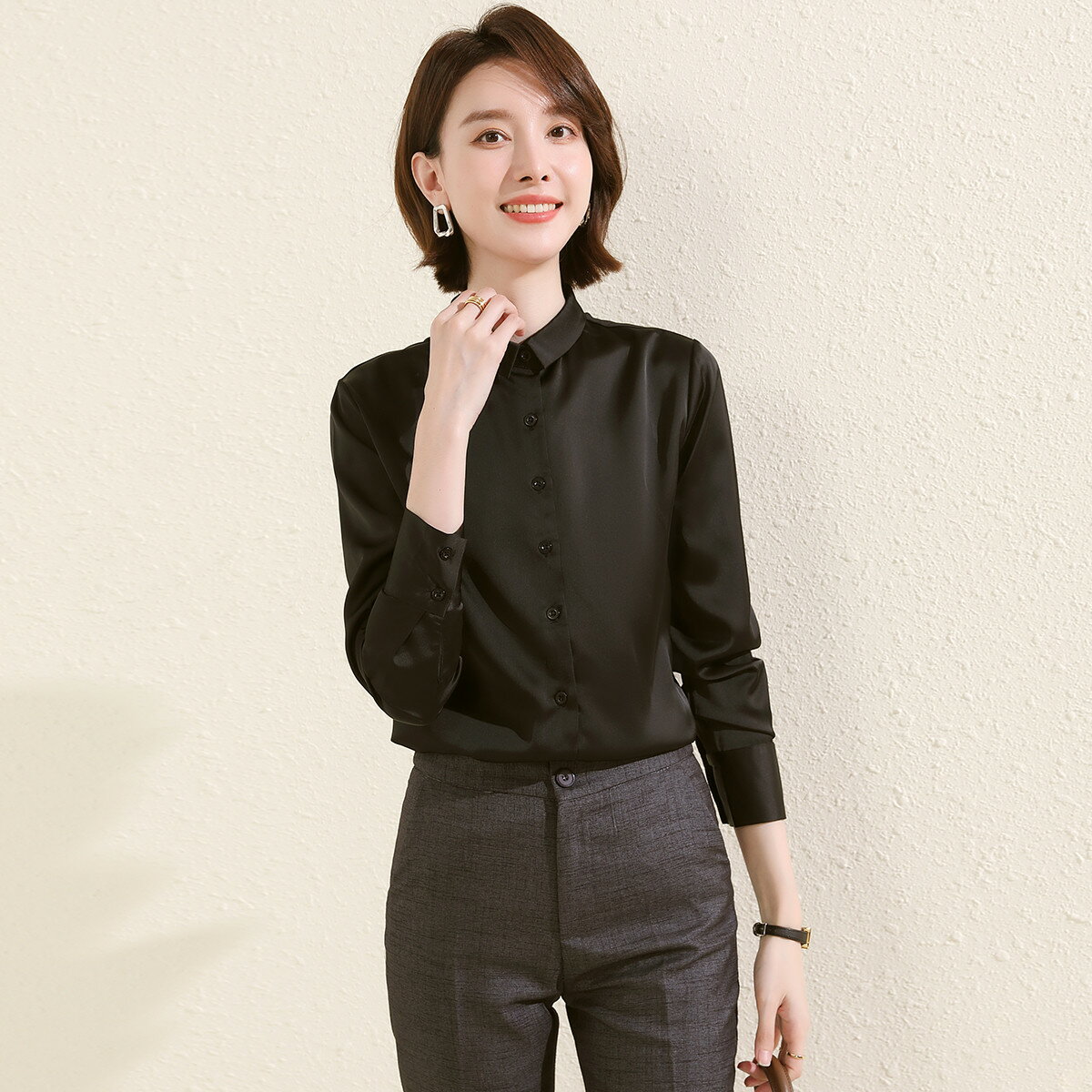 時尚氣質翻領長袖純色襯衫女春季休閑商務通勤襯衣女式上衣-時尚精品
