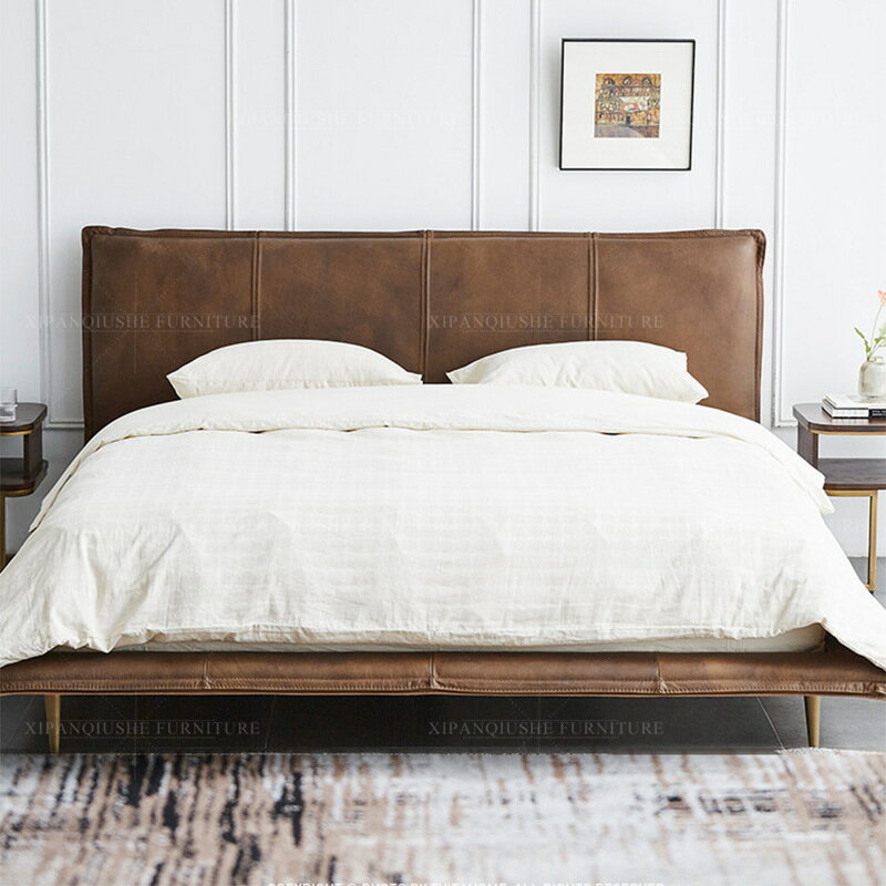 優樂悅~意式極簡真皮床現代簡約設計師復古婚床美式輕奢北歐皮藝雙人大床