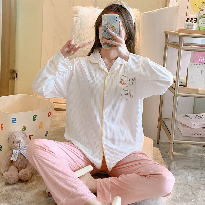 韓國ins簡約坑條睡衣女秋冬純色開衫翻領甜美學生長袖家居服套裝