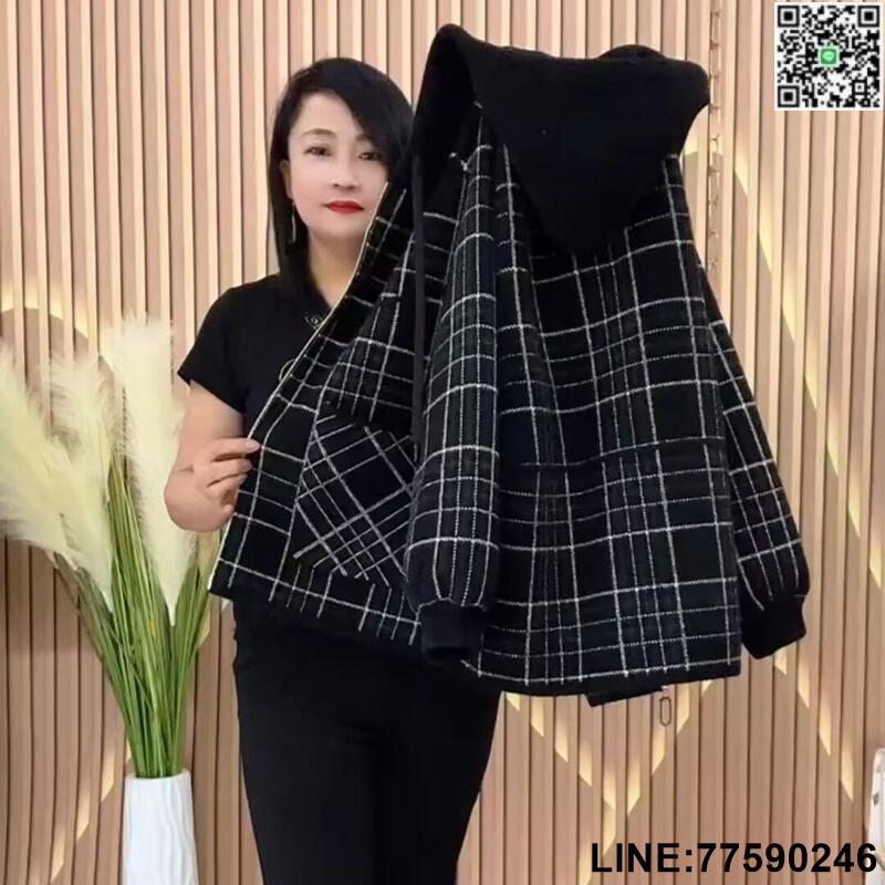 【歡樂購】中年媽媽裝毛呢外套女2024年春季新款洋氣連帽雙面呢千鳥格開衫