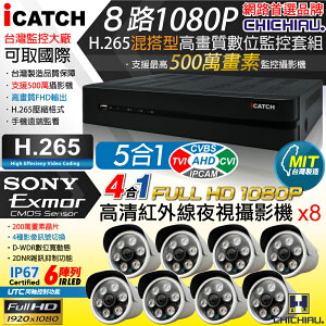【CHICHIAU】H.265 8路5MP台製iCATCH數位高清遠端監控錄影主機(含四合一1080P SONY 200萬攝影機x8)