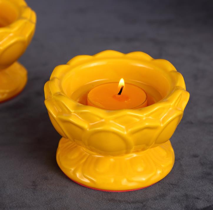 陶瓷蓮花燭臺放蠟燭酥油燈供佛堂長明燈觀音堂寺廟法會黃色蠟燭座 0