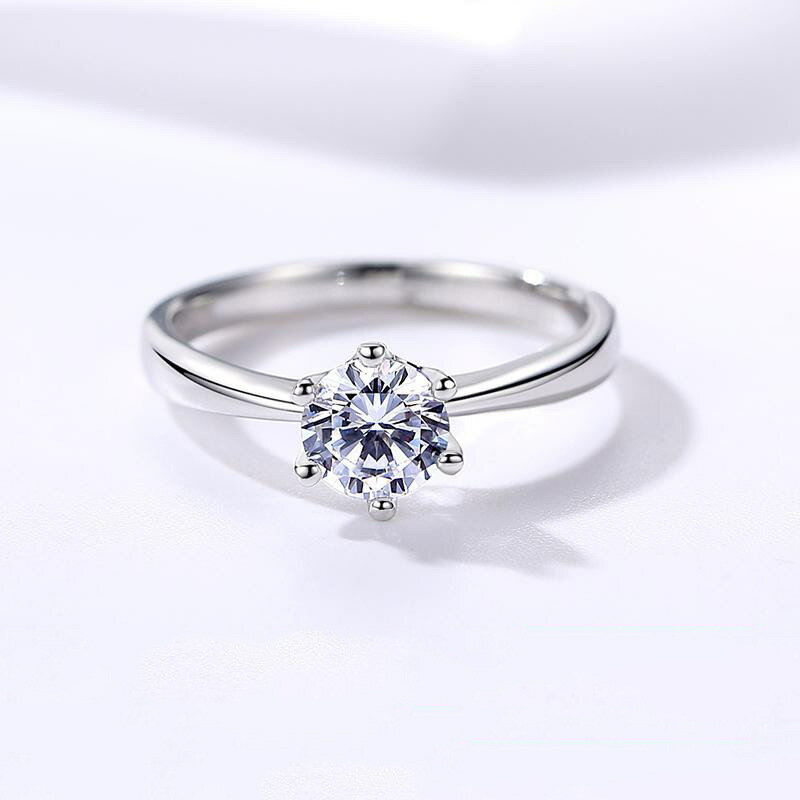 戒指女鑲鉆六爪鋯石簡約求婚鉆戒時尚潮仿真一克拉開口可調節指環