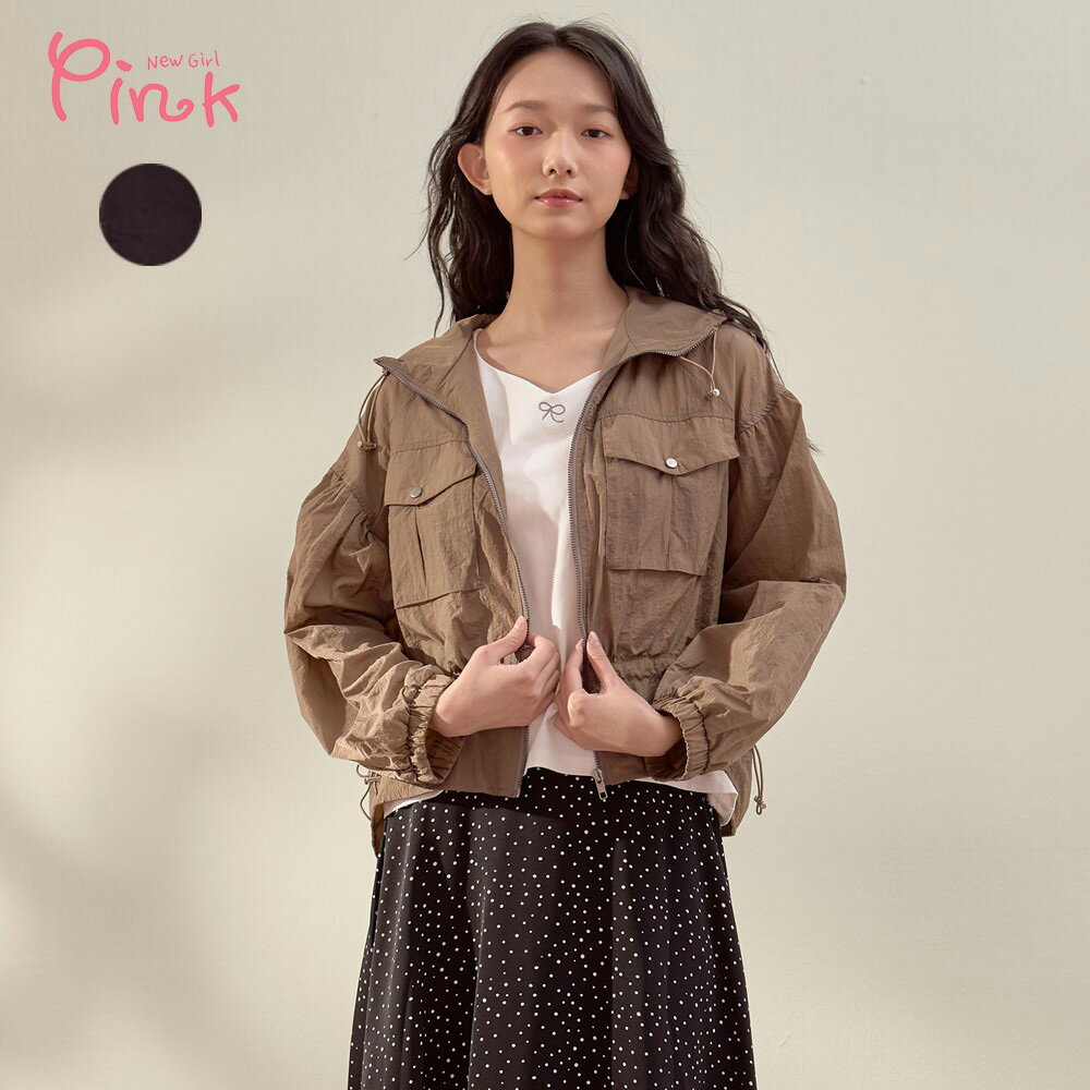 Pink*帥氣短版連帽防風外套 (2色) Y1703BD