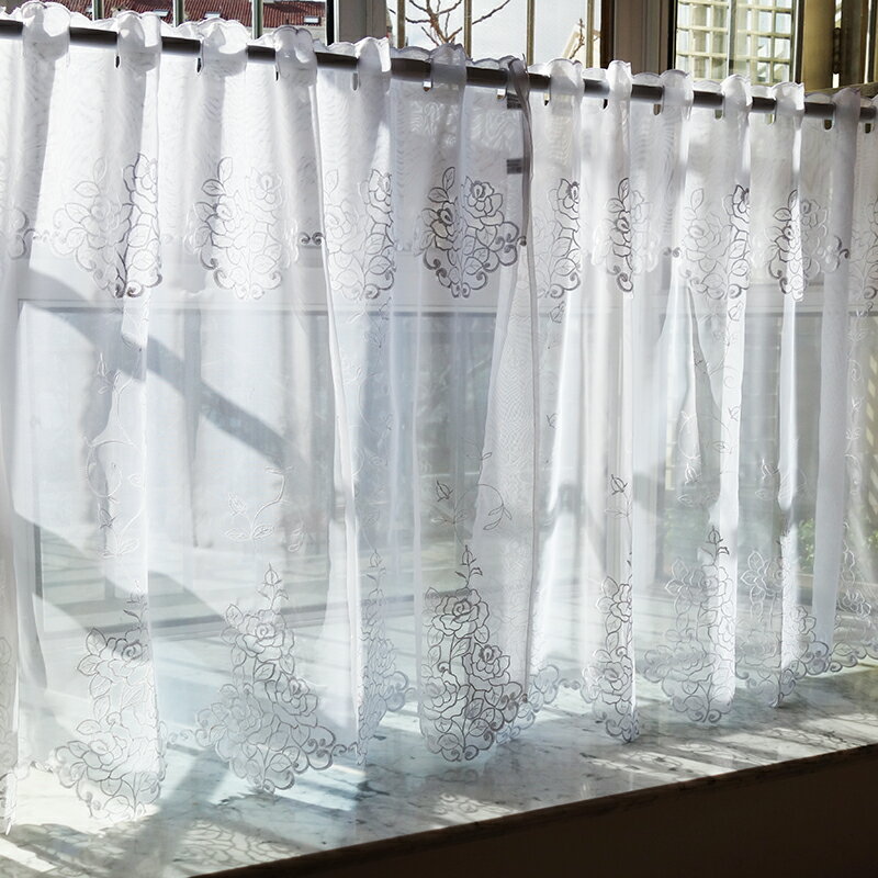 特價成品飄窗簾陽臺裝飾短簾布藝刺繡短窗半簾廚房銀色透光小紗簾 1