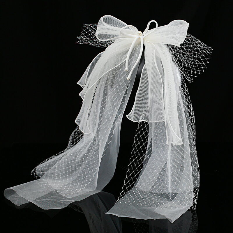 新娘頭飾蝴蝶結簡約短款領證拍照道具發夾頭紗結婚禮服配飾品