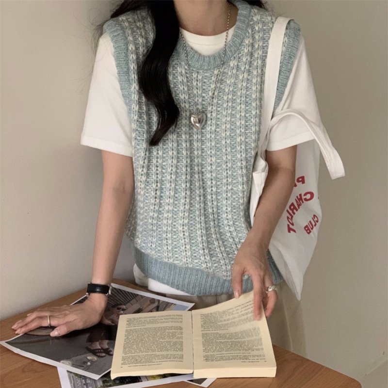 【巴黎精品】針織背心無袖毛衣-復古拼色編織休閒女上衣3色a1hj71