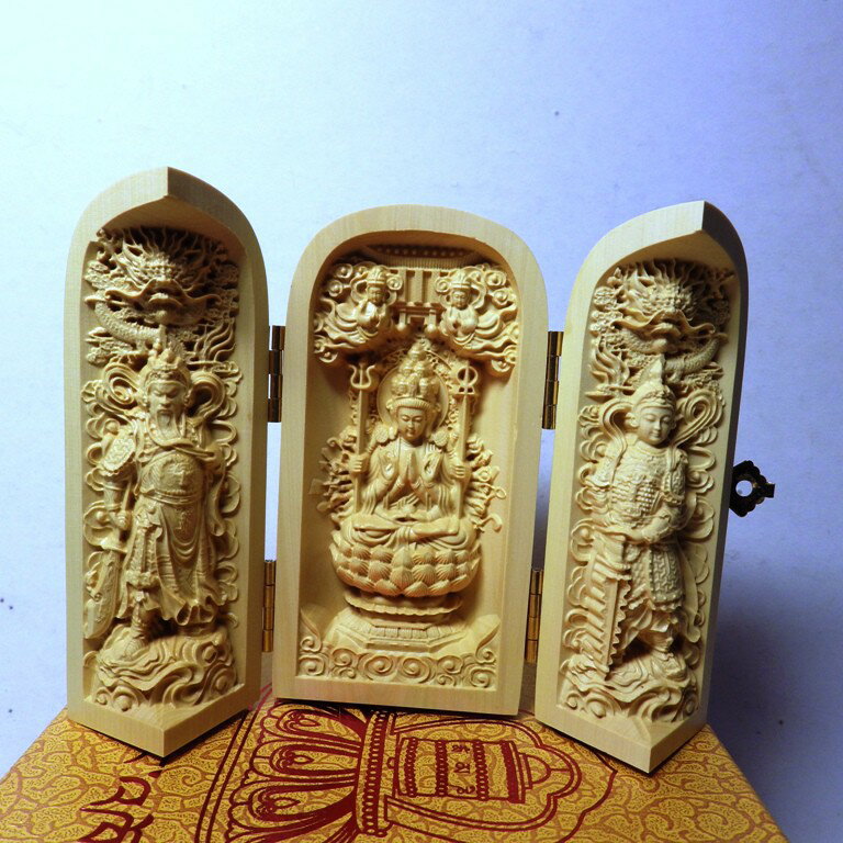 精品隨身三合一佛龕 黃楊木千手觀音菩薩木雕佛像