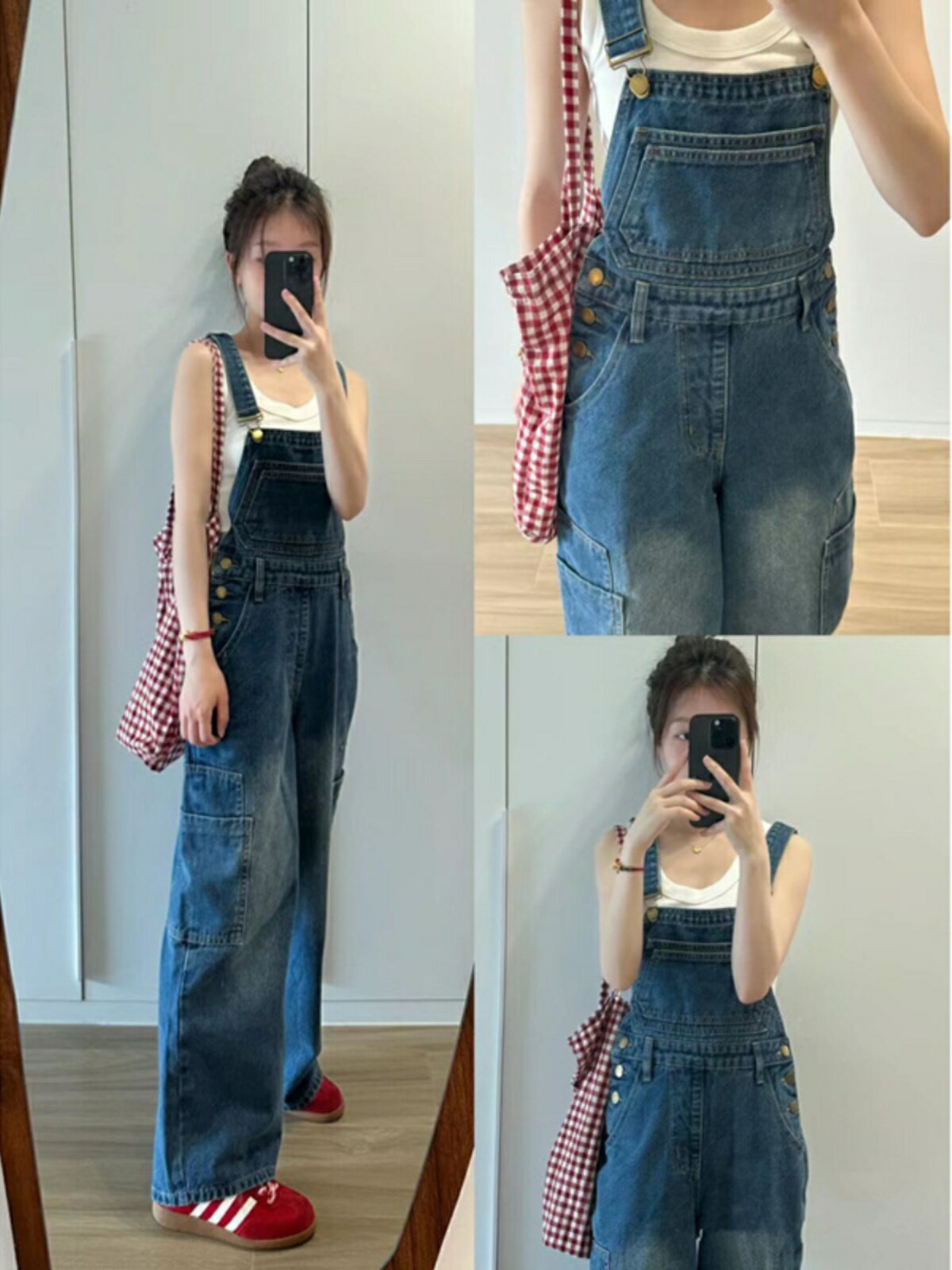 奶fufu牛仔背帶褲女夏韓版寬松學生減齡小個子顯瘦高腰直筒連體褲【淘夢屋】