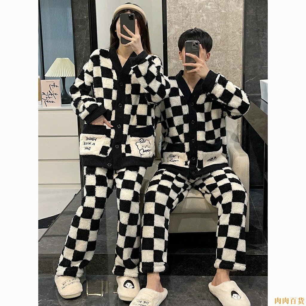 珊瑚絨情侶睡衣男女款秋冬季高階感棋盤格2022年新款法蘭絨家居服加厚睡衣睡袍 卡通 甜美 可愛 珊瑚絨家居服