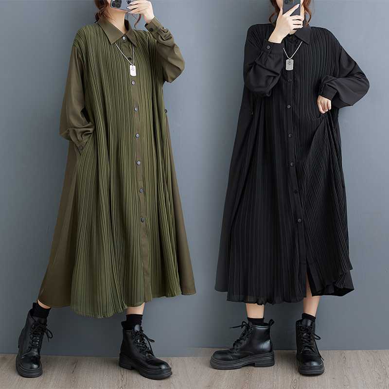 洋裝長袖連身裙-雙層壓褶拼接顯瘦襯女裙子2色74jb90【米蘭精品】【獨家進口】