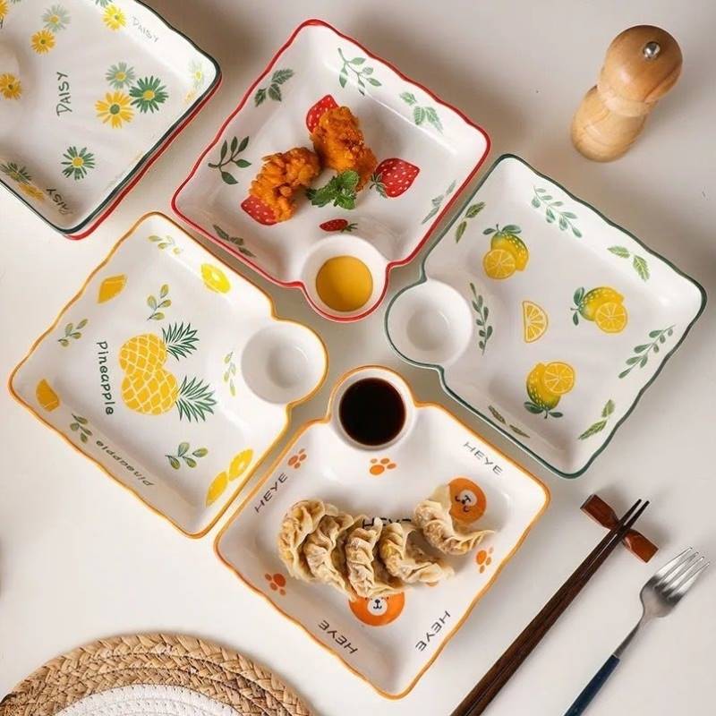 大號餃子盤帶醋碟陶瓷分格碟創意日式餐具家用方形水餃盤子托盤