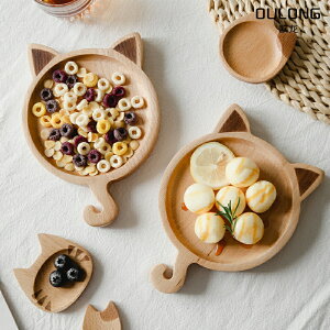 日式可愛實木餐盤 創意櫸木兒童寶寶飯盤餐盤子貓咪造型家用