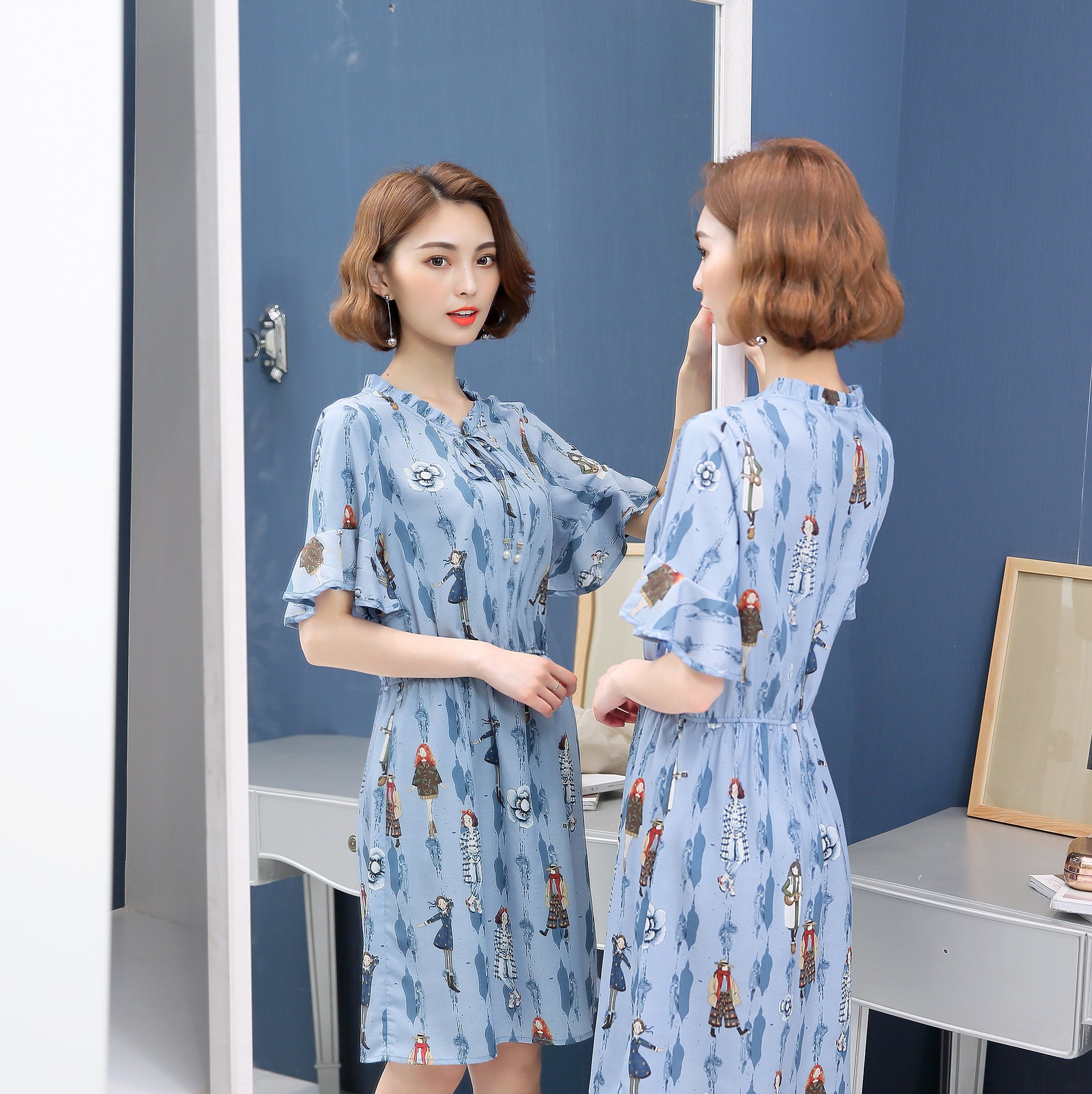 FINDSENSE G5 韓國時尚 大碼女裝 短袖 印花 雪紡 連身裙