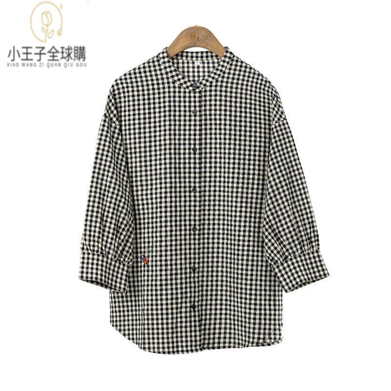 【公司現貨速發】免運 開發票 小王子女裝日系小格紋襯衫女 全棉立領七分袖格子刺繡上衣女裝女裝上衣 流行女裝 棉麻 早秋 日韓女裝