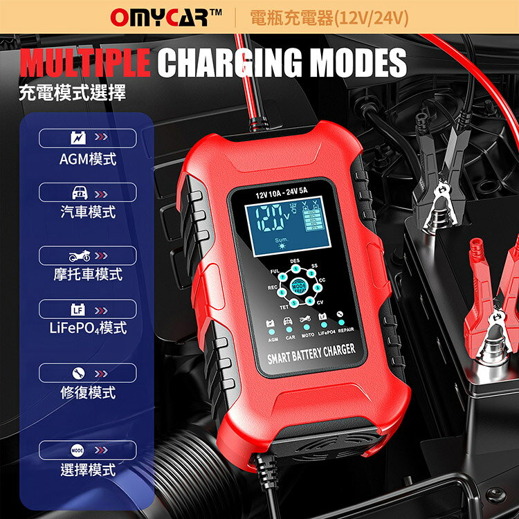 【OMyCar】電瓶充電器(12V/24V) 一年保固 (汽車/機車/貨車/電瓶修復) 7