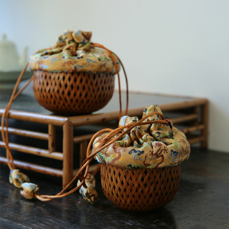 竹編杯簍 大漆錦緞棉麻內襯 便攜手工茶室復古中國風杯套收納杯架