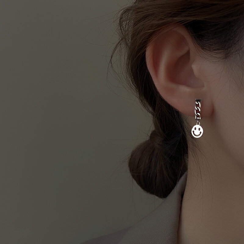 925純銀笑臉耳環女年新款潮復古泰銀耳墜冷淡風耳圈鏈條耳飾 3