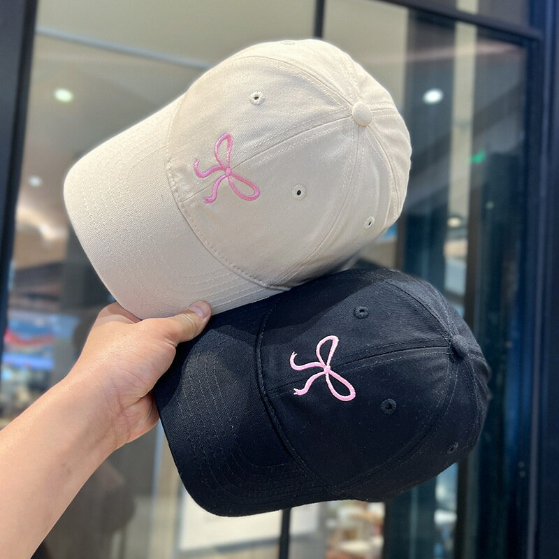 韓國粉色蝴蝶結棒球帽2024甜美可愛刺繡鴨舌帽子顯臉小百搭遮陽帽