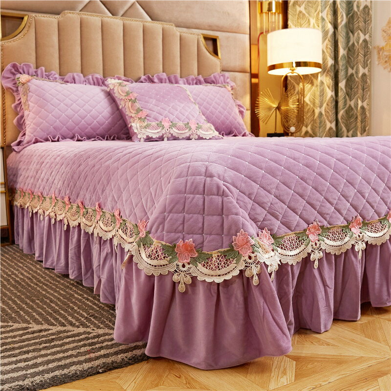 水晶絨紫色床蓋三件套公主風純色法萊絨夾棉床罩冬季保暖加厚床單
