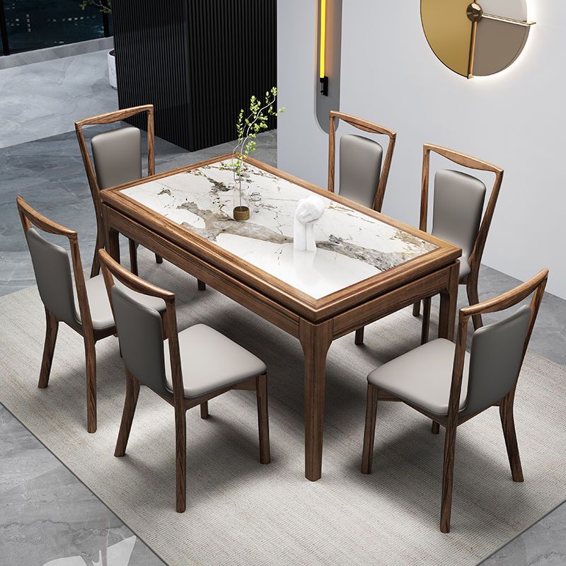 烏金木實木巖板餐桌椅子組合長方形小戶型家用西餐桌輕奢風飯桌