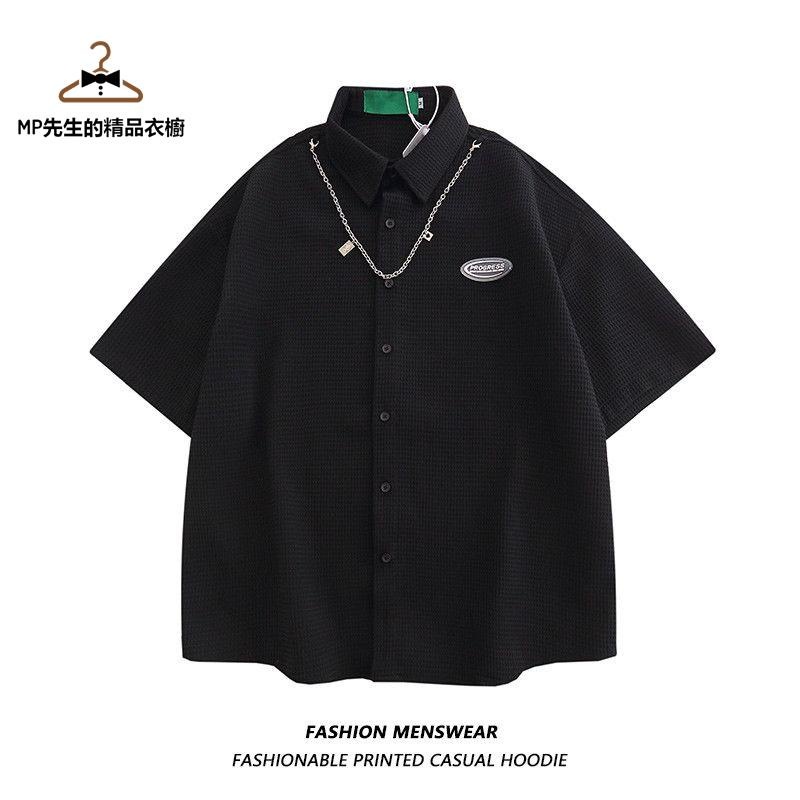 00 襯衫男 美式 華夫格 素面 oversize 工裝 寬鬆 休閑 短袖襯衣 短袖襯衫男 工裝襯衫 寬鬆 襯衣