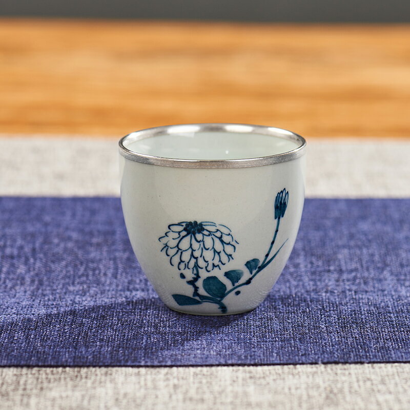創意陶瓷茶杯手繪青花純銀銀口茶杯品茗杯單個主人杯功夫茶具茶盞 8