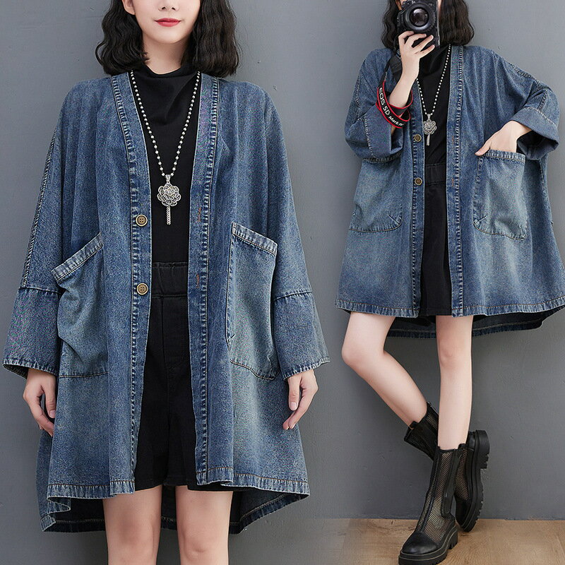 【巴黎精品】牛仔外套丹寧罩衫-寬鬆蝙蝠袖口袋中長款女外套a1jc9