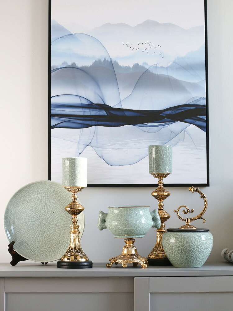 擺件家居飾品奢華客廳裝飾盤陶瓷裂紋描金歐式燭臺花瓶
