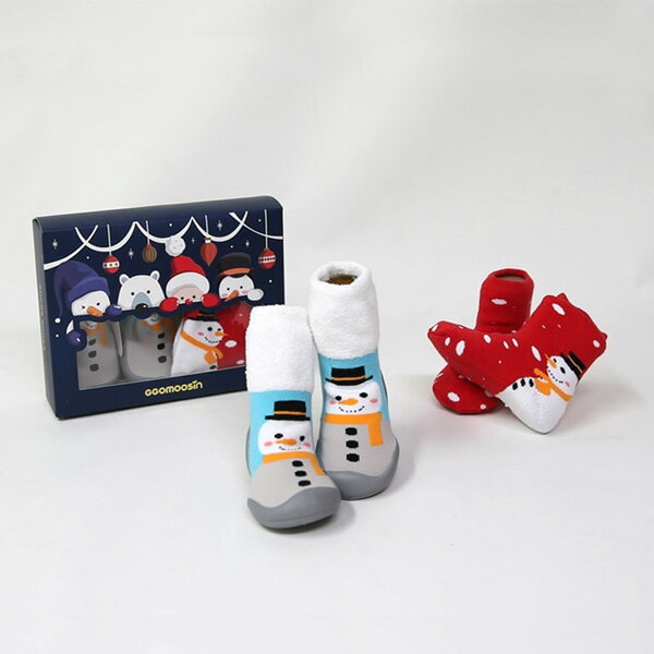 GGOMOOSIN 聖誕禮盒系列 聖誕小雪人學步鞋+嬰兒襪/襪鞋