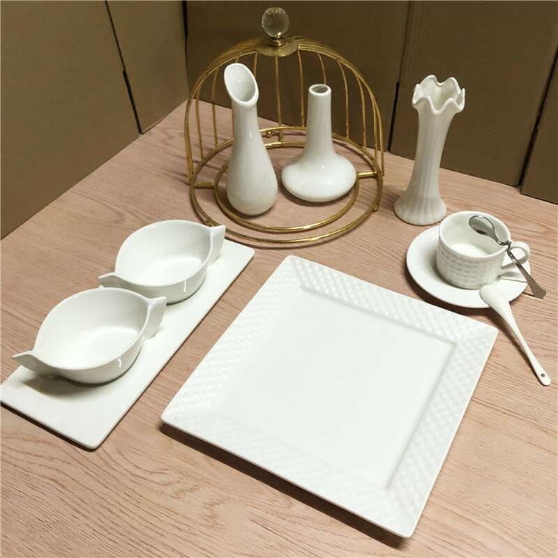 陶瓷西餐套裝純白正方牛排盤子餐廳商用花瓶歐式咖啡杯碟雙人湯盅