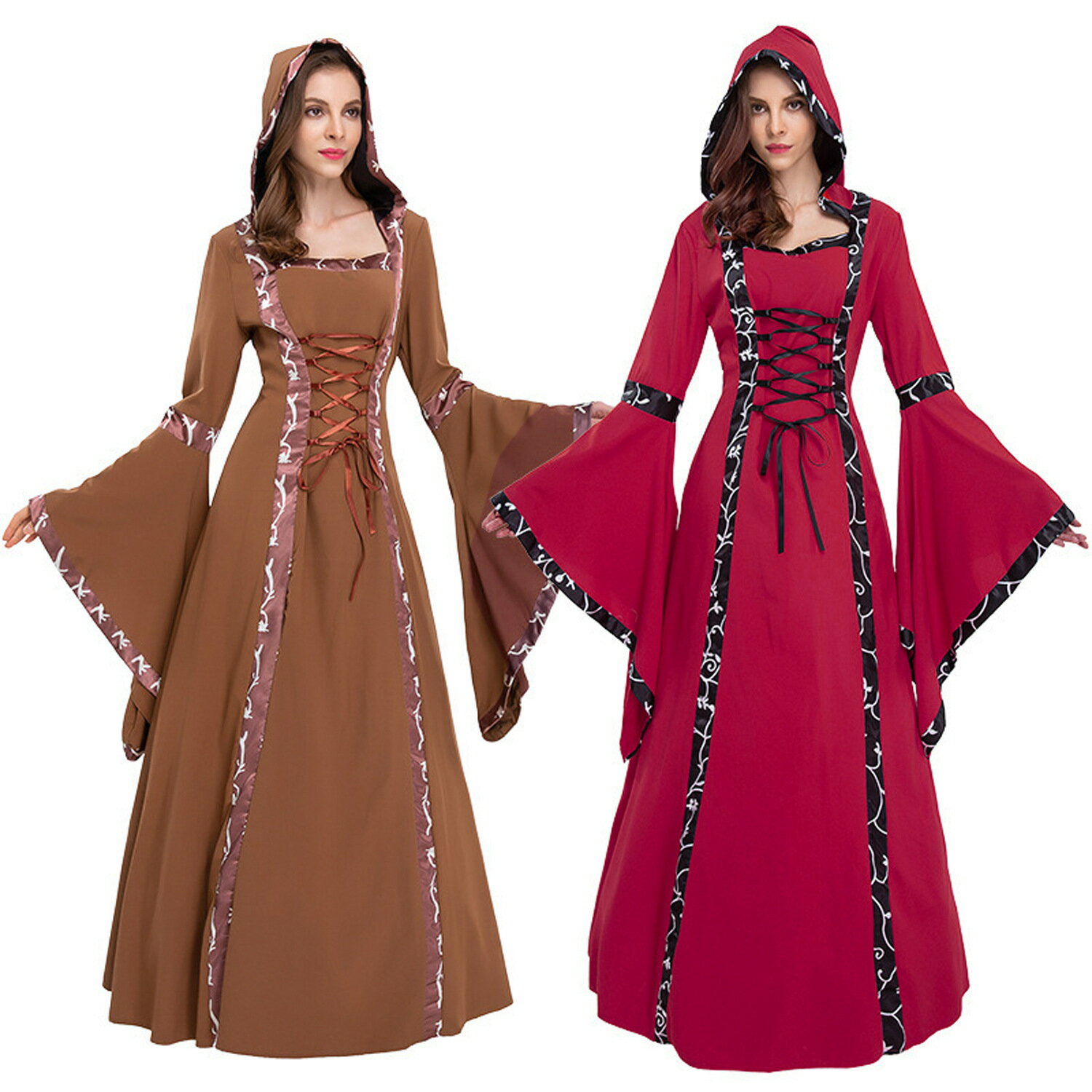 歐美爆款女裝 貴族複古宮廷 中世紀喇叭袖長裙 成人萬聖節連衣裙