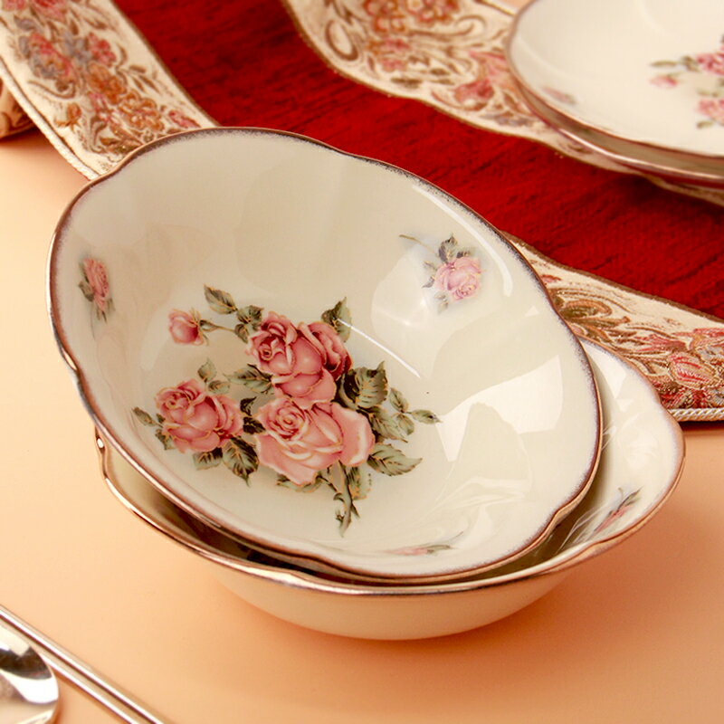 韓國進口Queen Rose金邊陶瓷碗皇后玫瑰深圓盤家用菜盤餐具湯盤