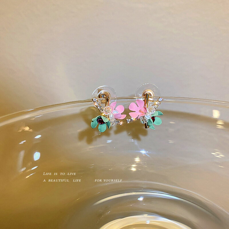 真金電鍍925銀針水晶珍珠鑲鉆花朵耳釘韓國小巧個性時尚耳環耳飾