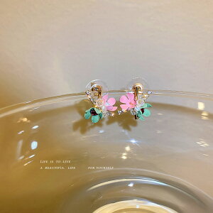 真金電鍍925銀針水晶珍珠鑲鉆花朵耳釘韓國小巧個性時尚耳環耳飾