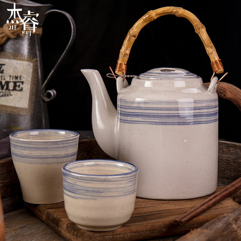 陶瓷酒店餐廳大容量商用家用老式復古提樑茶壺泡茶器大號茶具