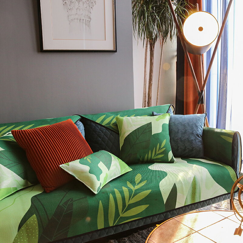 清爽綠植布藝沙發坐墊冰絲可水洗沙發墊客廳夏天款涼席沙發巾