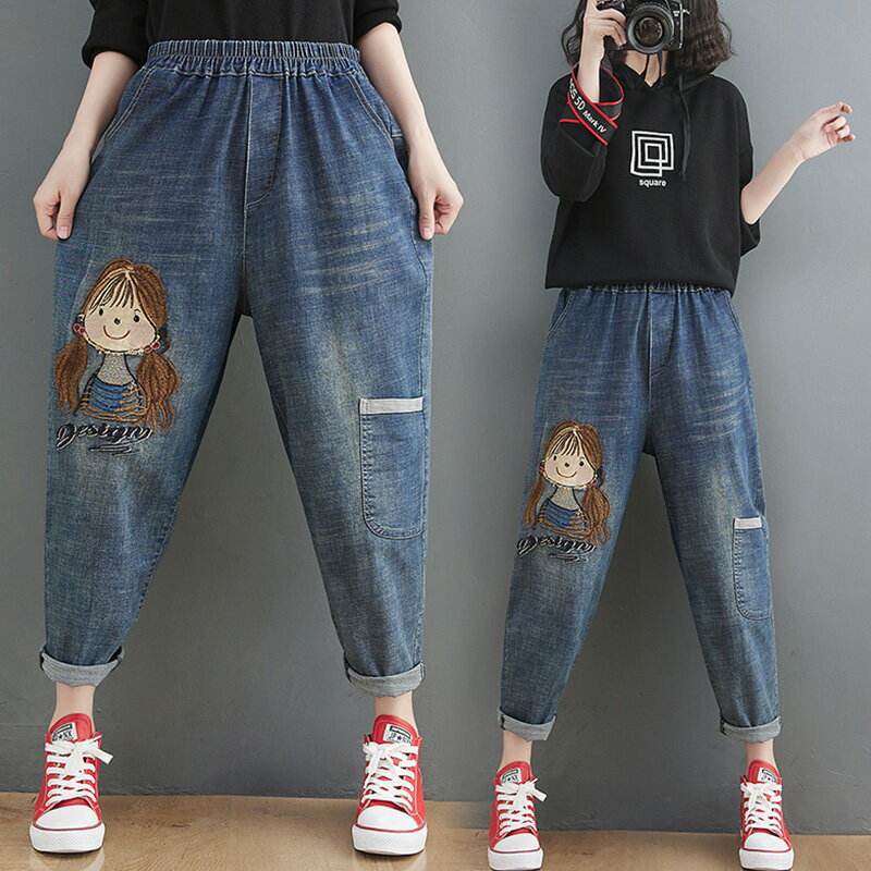 2022春款新款洗水刺繡減齡大碼哈倫褲女裝松緊腰顯瘦九分褲牛仔褲