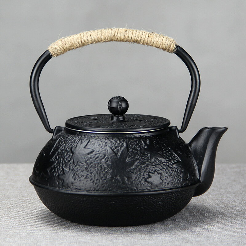 【喜挖】600ml楓葉黑色日式風煮水泡茶手工鑄鐵壺茶壺鐵茶壺茶室擺件飾品
