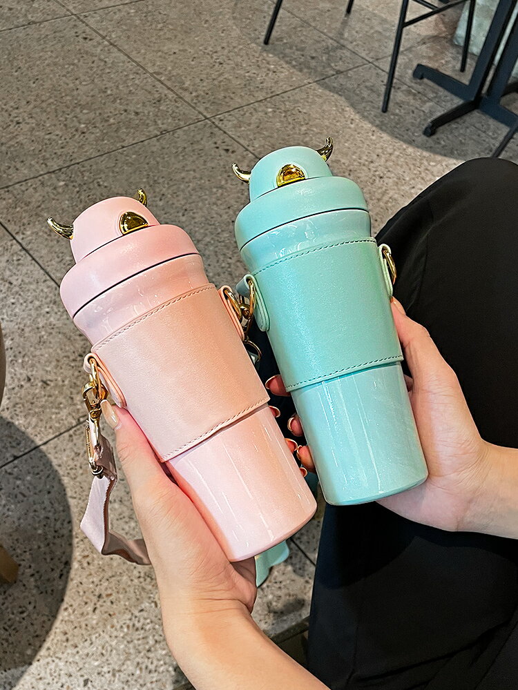 保溫杯女帶吸管可愛學生兒童簡約ins水杯男大容量不銹鋼可斜跨杯