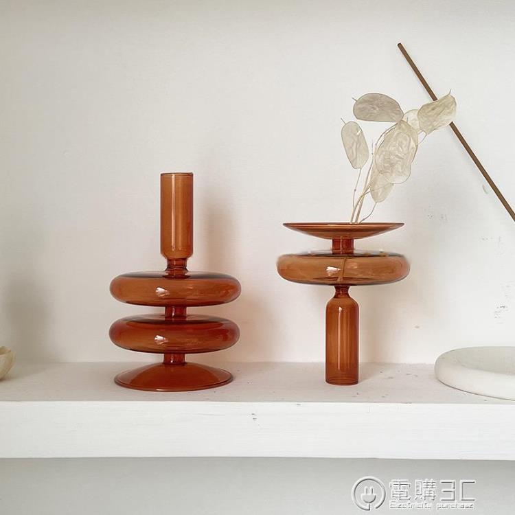 【樂天新品】Click 復古Vintage棕色玻璃燭臺ins插花瓶風顏值民宿裝飾擺件道具