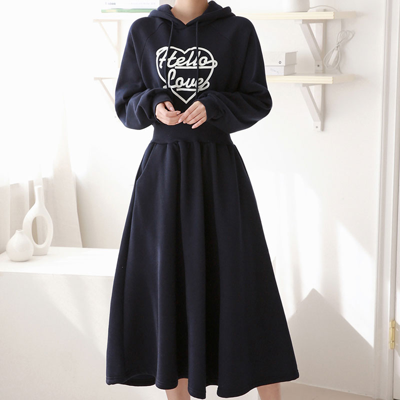 ANNAS 正韓愛心刷毛連帽字母縮腰洋裝 長裙 長洋裝 連身裙 加絨 加厚 棉質 保暖 休閒 韓國