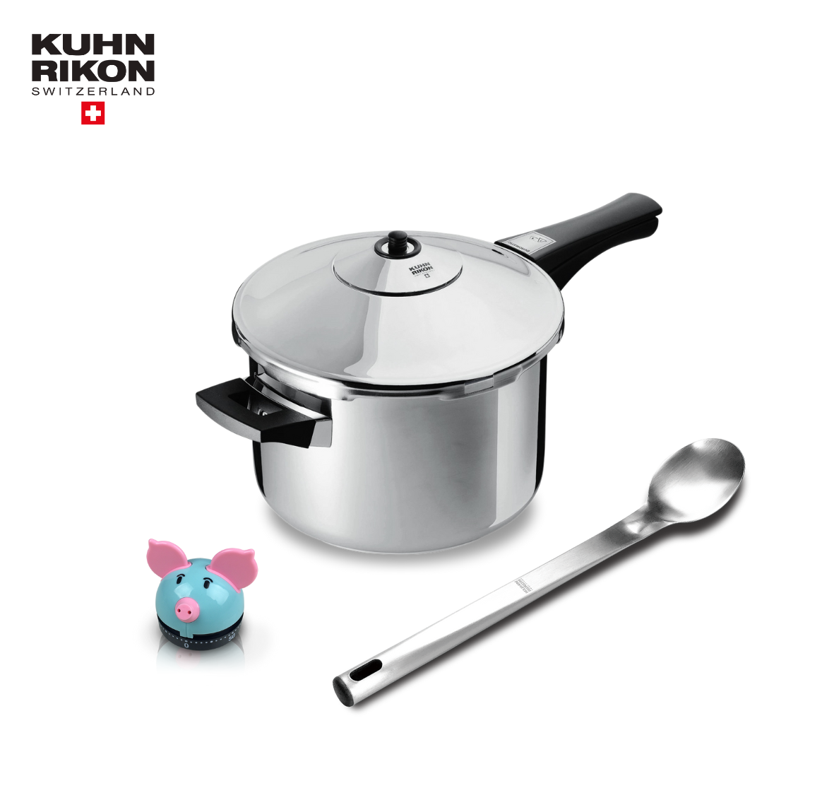 【益康屋】KUHN RIKON瑞士壓力鍋單柄3.5L+瑞士精選攪拌湯杓+粉彩豬計時器